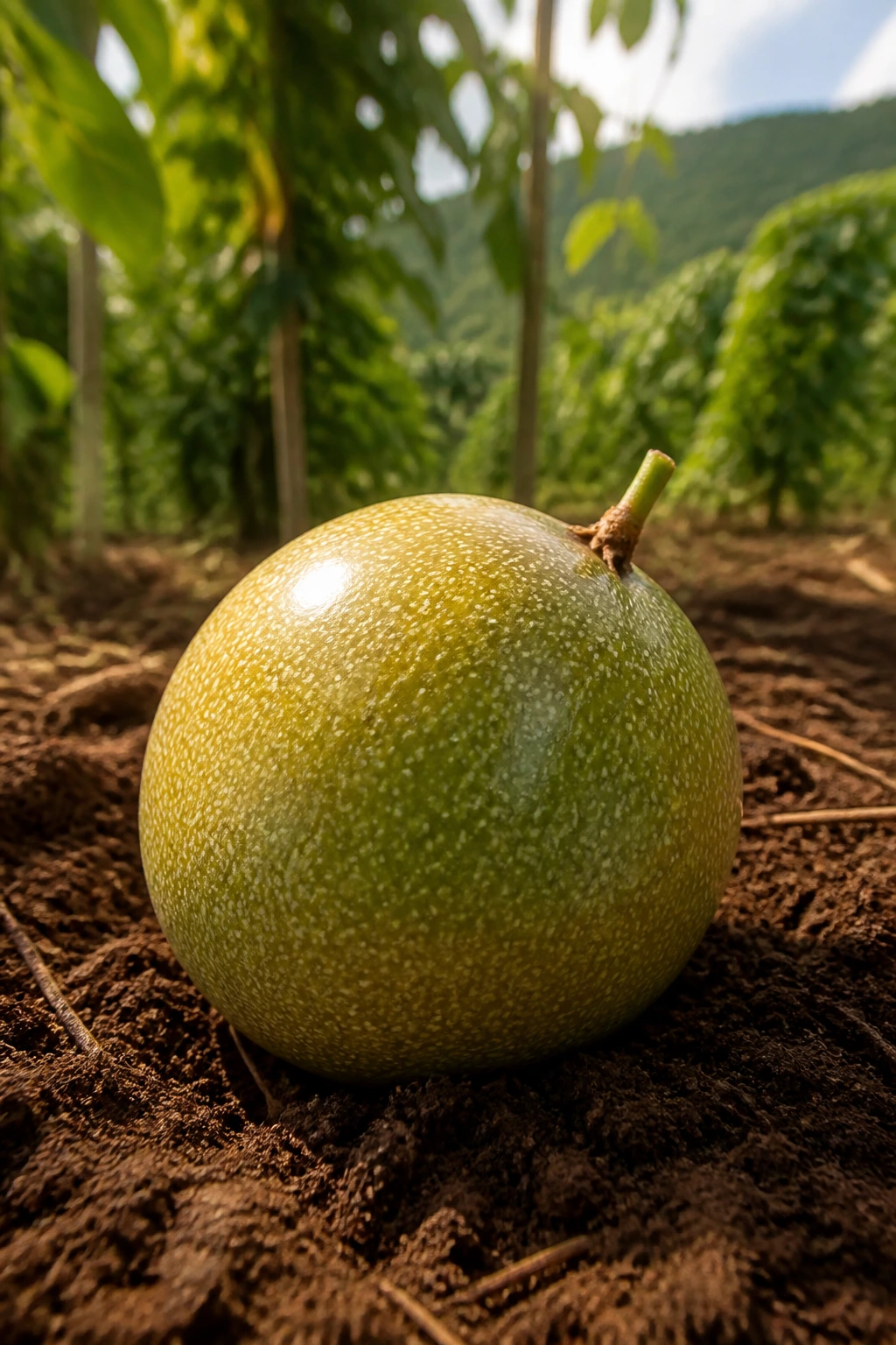 Passion fruit on rich soil in a tropical plantation setting.