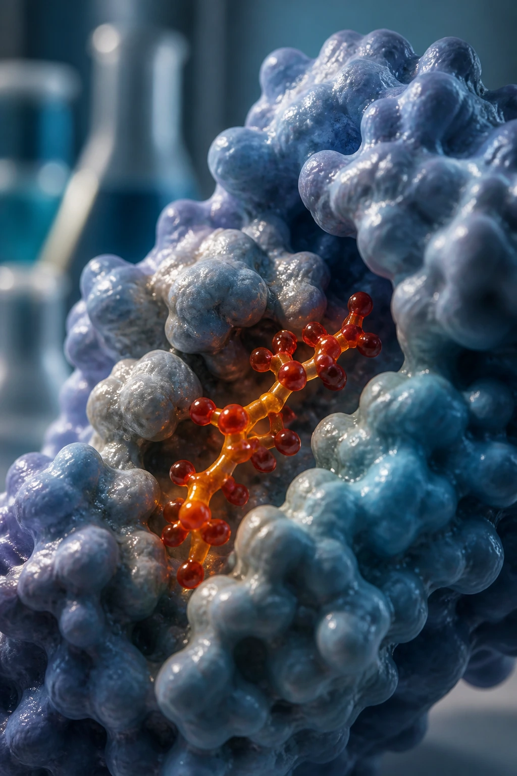 Why Are Bananas So Sweet And Delicious? 4 Macro close-up of a 3D enzyme model in a laboratory setting filling the frame