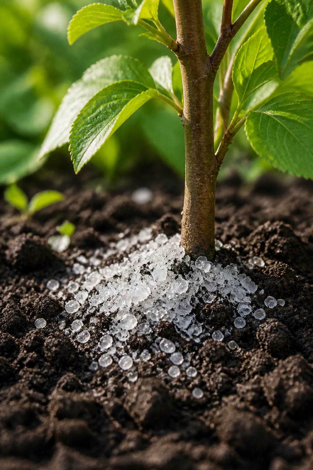 Is Epsom Salt Good For Fruit Trees, Vegetables, And Shrubs? 2 Magnesium sulfate crystals near fruit tree sapling