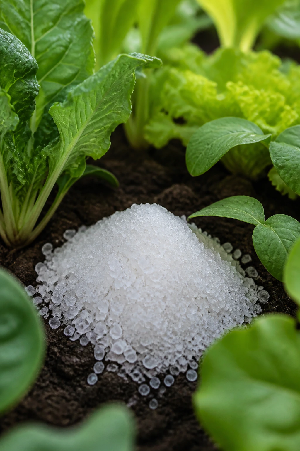 Is Epsom Salt Good For Fruit Trees, Vegetables, And Shrubs? 3 Epsom salt crystals in vegetable garden with greens