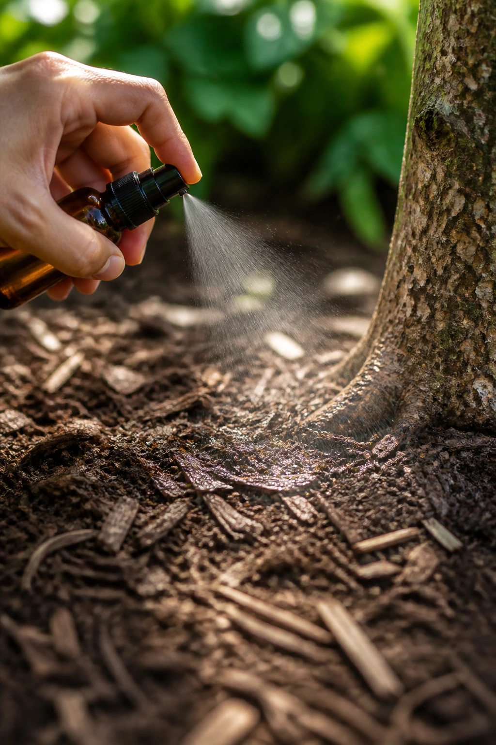 How to Keep Ants Off Fruit Trees: 100% Working Tips 6 Hand spraying essential oil solution around the base of a tree in a garden