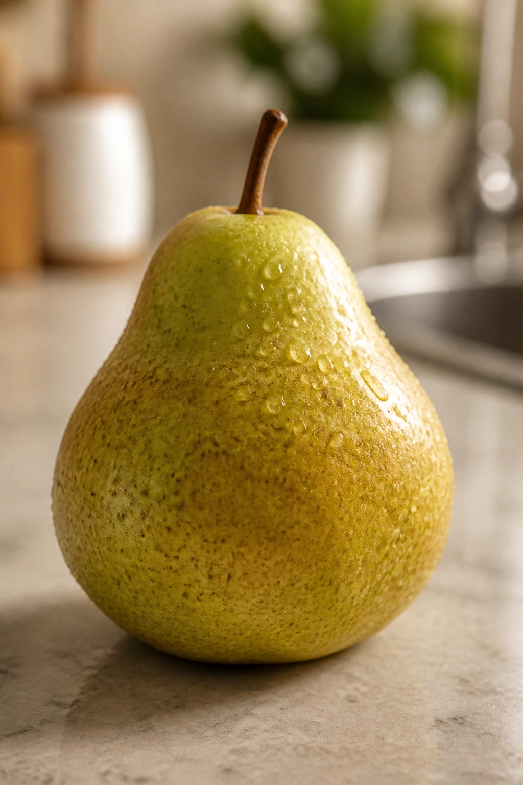 Texture Matters: Why Are Pears Gritty? 5 Single pear on kitchen counter suggesting ripening conditions