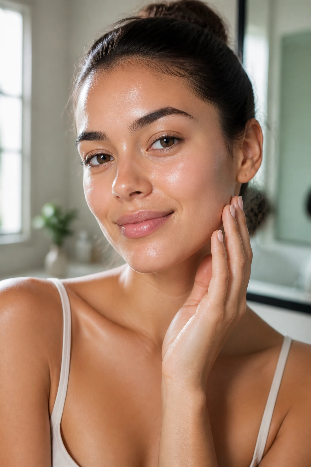 Close-up portrait of a real woman with even, glowing skin under natural window light