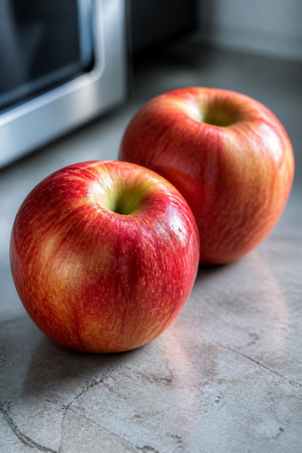 EverCrisp Apples: Everything You Need To Know 4 Two glossy EverCrisp apples on a kitchen counter.
