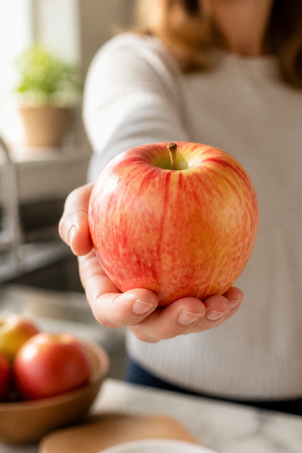 EverCrisp Apples: Everything You Need To Know 6 Real hand holding a glossy EverCrisp apple toward the camera.