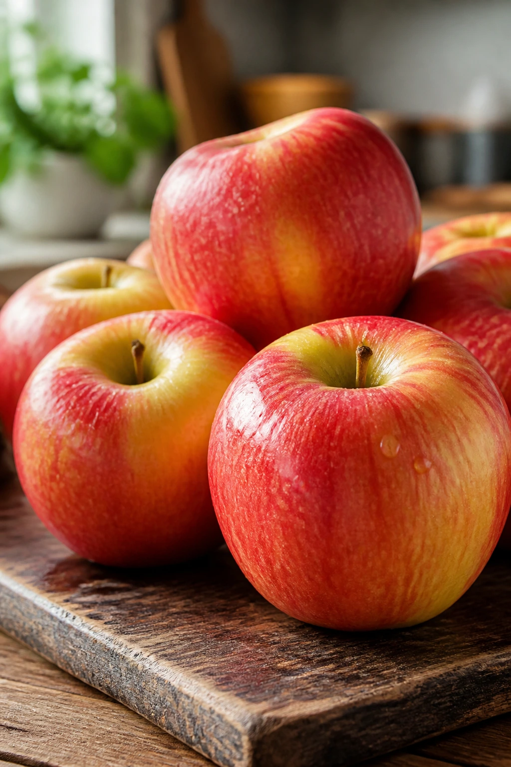 EverCrisp Apples: Everything You Need To Know 1 Close-up of glossy EverCrisp apples on a wooden cutting board in a warm kitchen.