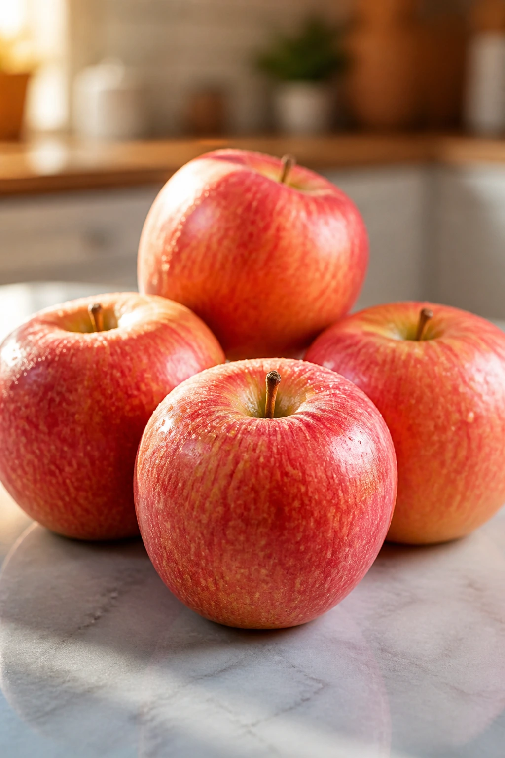 EverCrisp Apples: Everything You Need To Know 2 Group of EverCrisp apples on a kitchen surface with soft light.