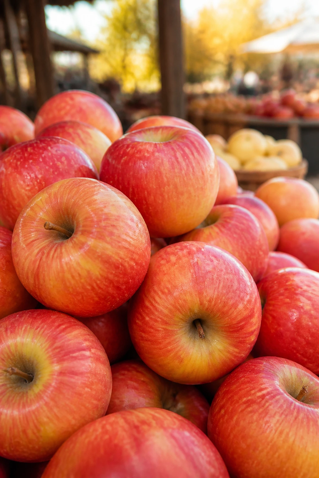 EverCrisp Apples: Everything You Need To Know 5 Pile of EverCrisp apples at an outdoor autumn market.