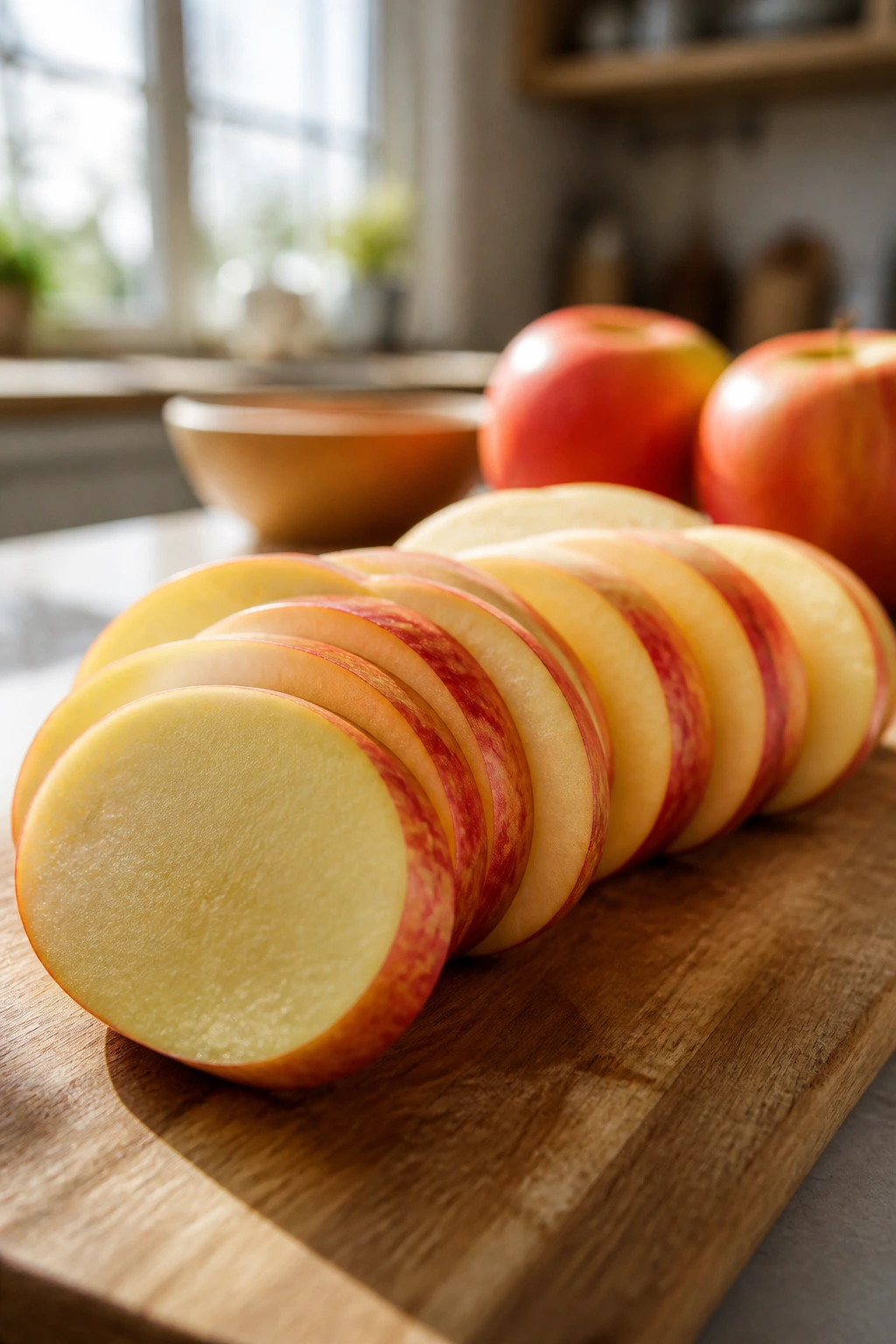 EverCrisp Apples: Everything You Need To Know 3 Sliced EverCrisp apples fanned on a wooden board in a warm kitchen.