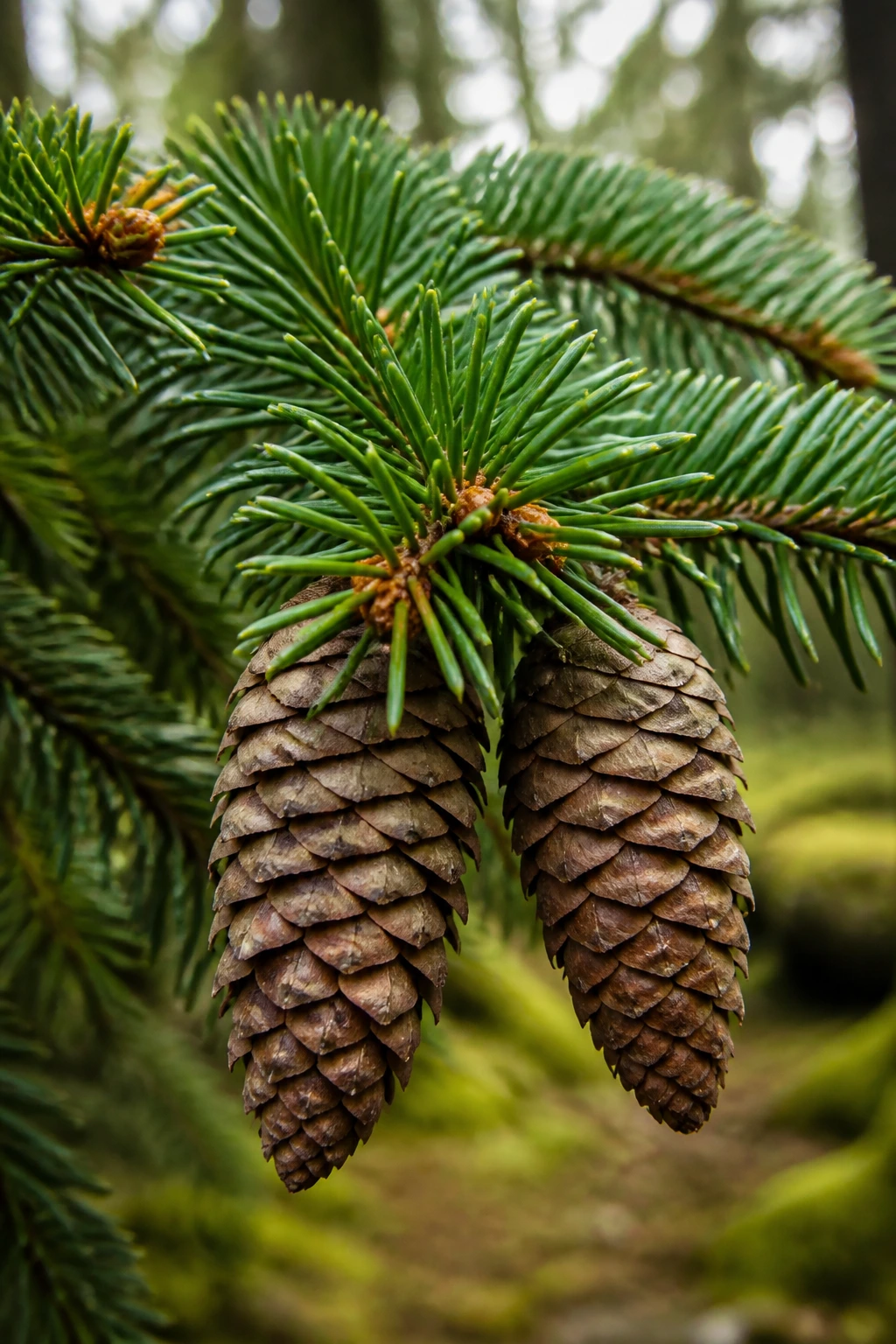 Close-up of evergreen needles and cones