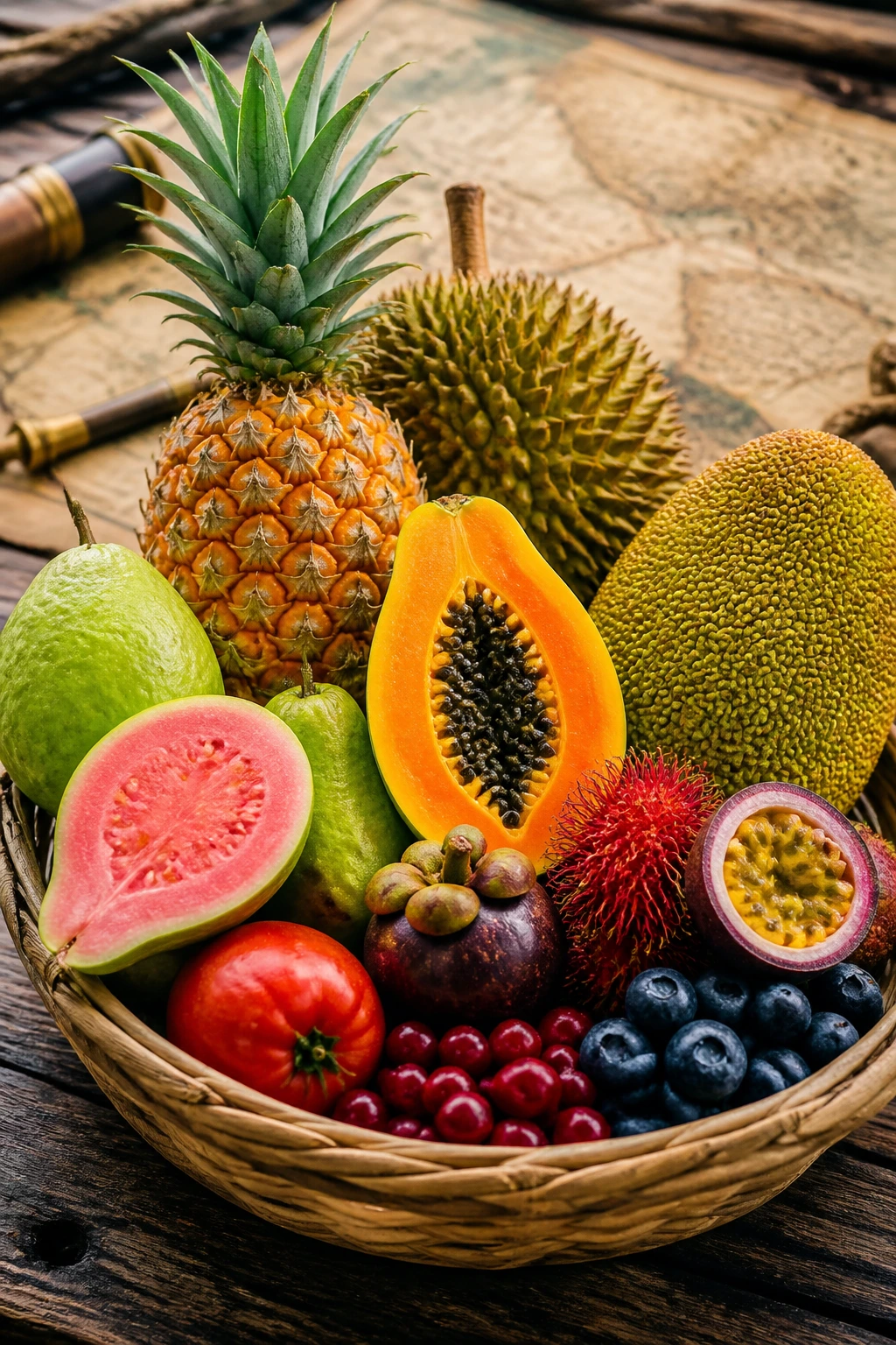 Basket of exotic fruits on a ship deck with a map in the background