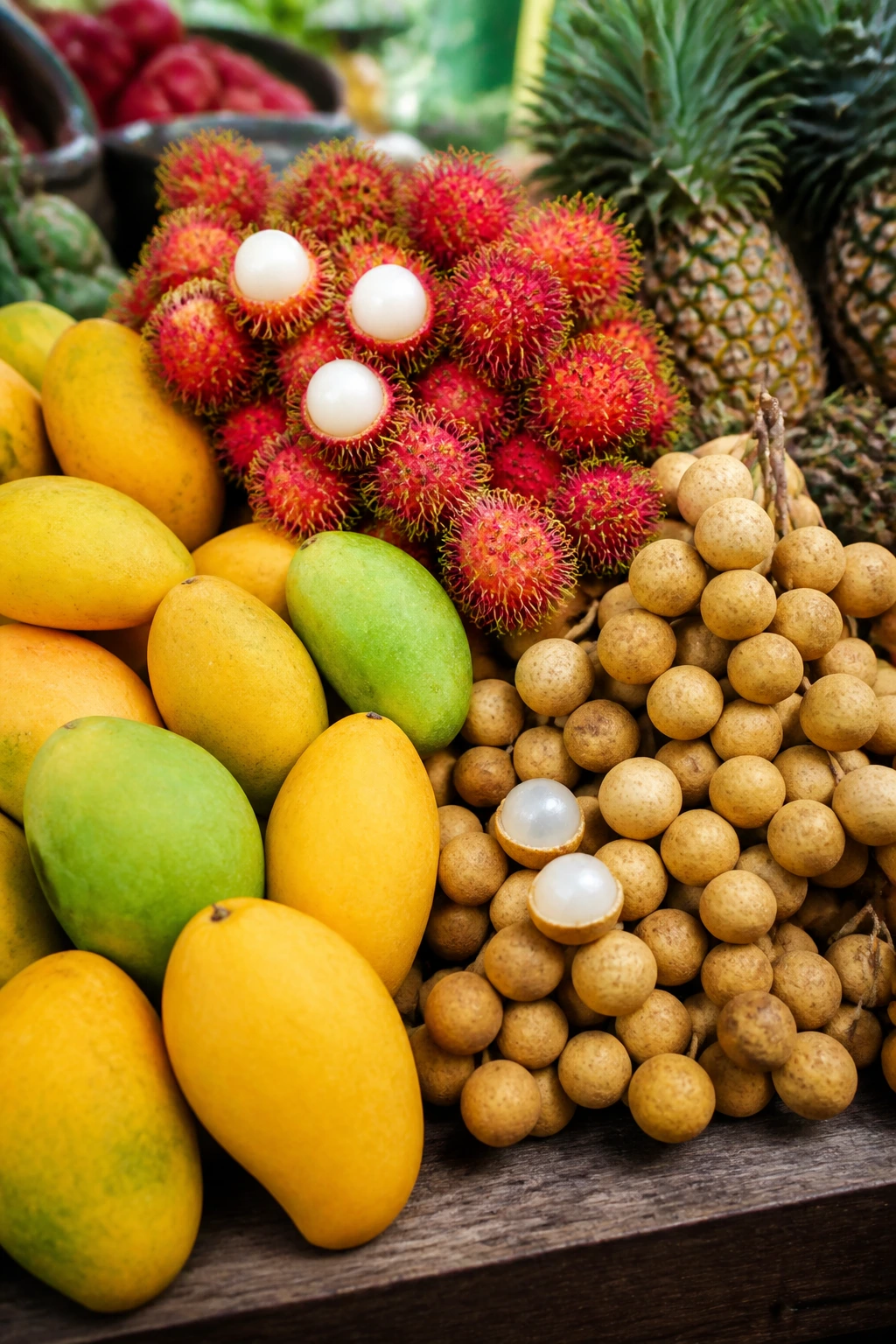 Close-up of a colorful pile of mangoes, rambutans, longans, and pineapples on a wooden market table