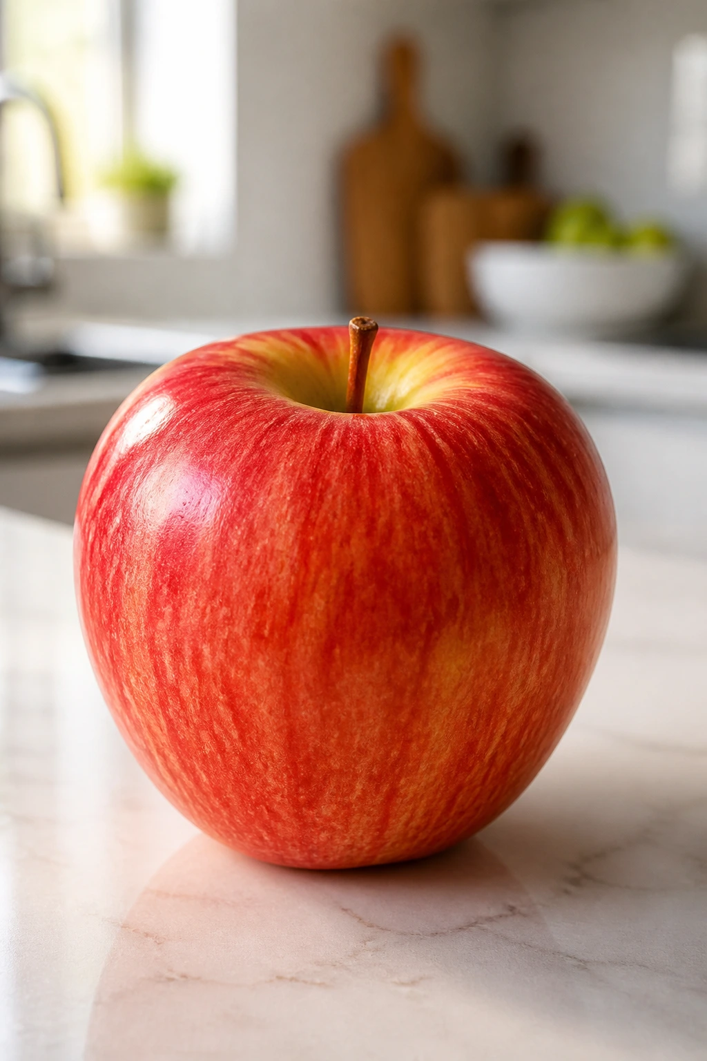 Close-up of a bright apple on a counter highlighting eye health nutrients