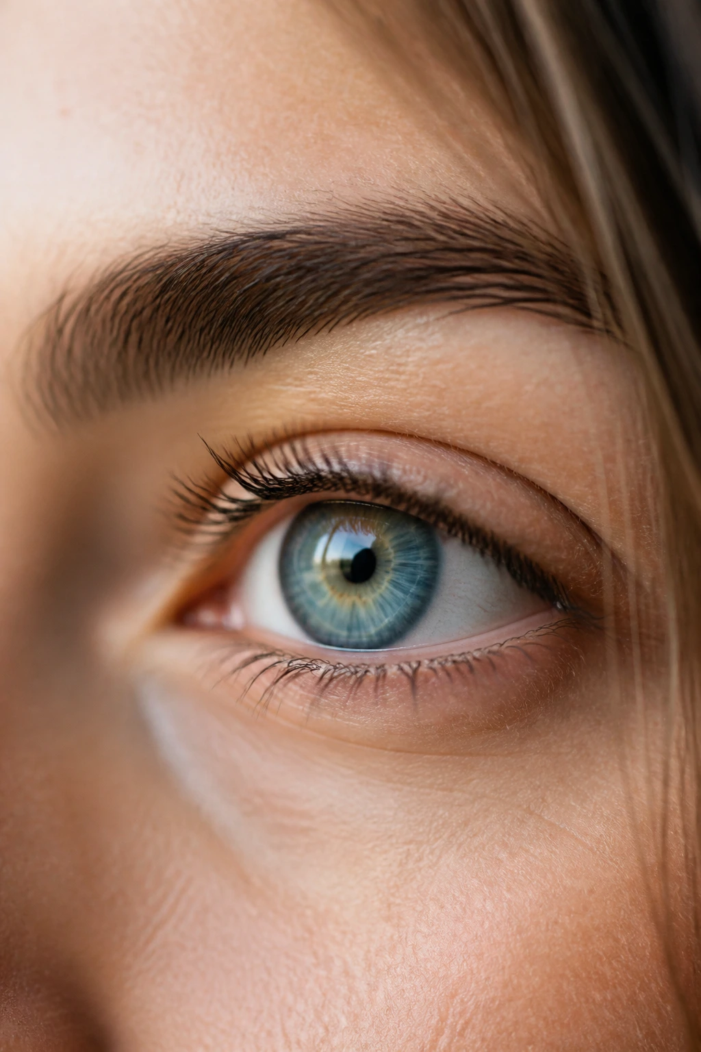 Close-up of a real person's eye with sharp iris detail under soft natural light.