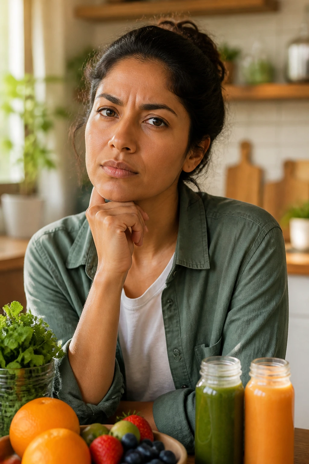 Which Fruit Juice Is Good For Eyes? Juicing For Eye Health 7 Close-up portrait of a real adult with a thoughtful gaze in a warm home setting, focusing on the eyes