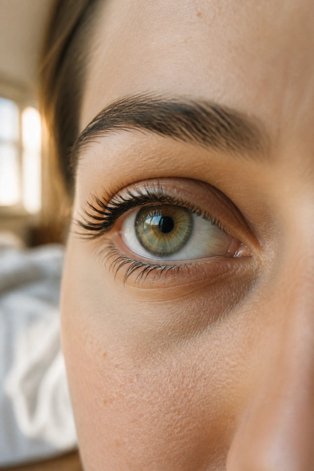 Close-up of a real person's eye with natural light highlighting the iris and lashes