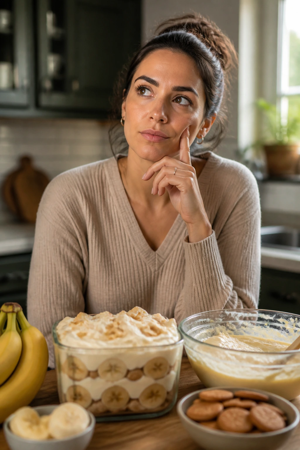 Delicious Temptation: Is Banana Pudding Healthy for Weight Loss? 7 Close-up portrait of a thoughtful person in a kitchen, representing FAQ about banana pudding health