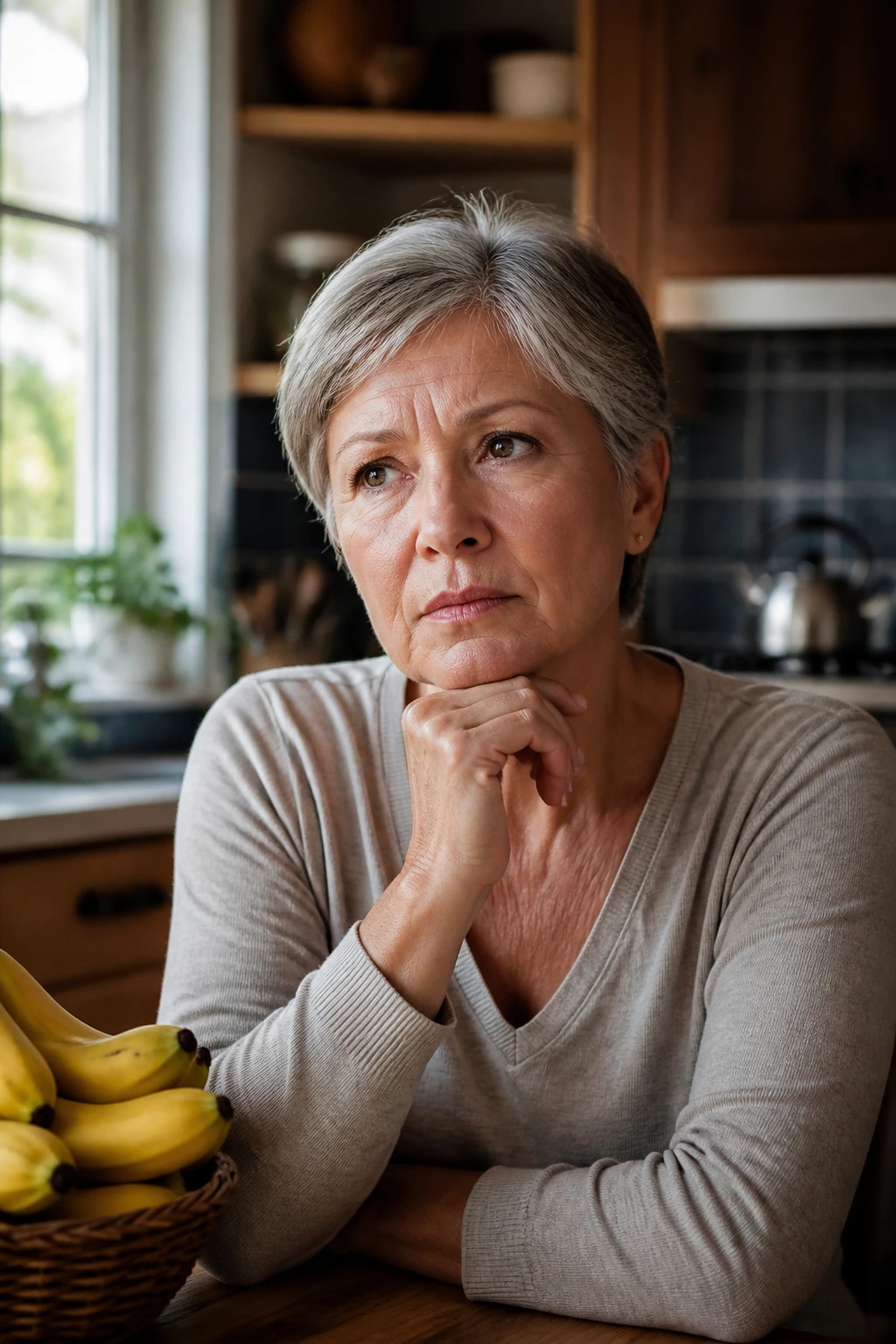 Respiratory Support: Are Bananas Good for COPD Patients? 6 Thoughtful adult portrait in kitchen representing FAQs