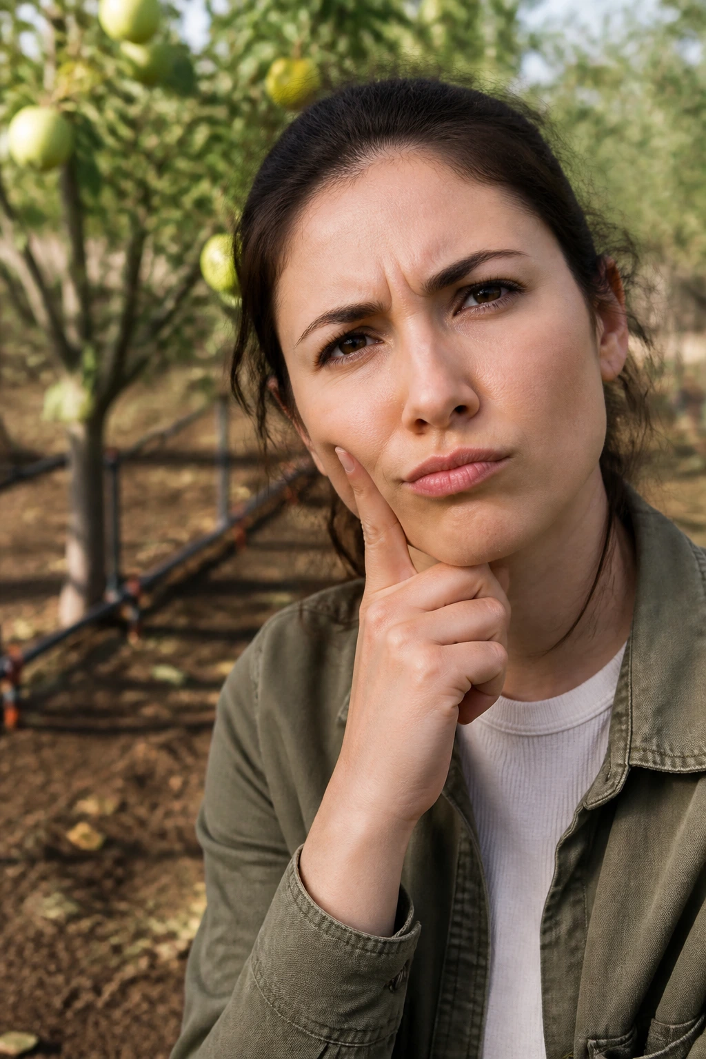 5 Best Irrigation System For Fruit Trees: To Boost Your Harvest 2 Close-up portrait of a curious person in an orchard with irrigation tubing visible in the background