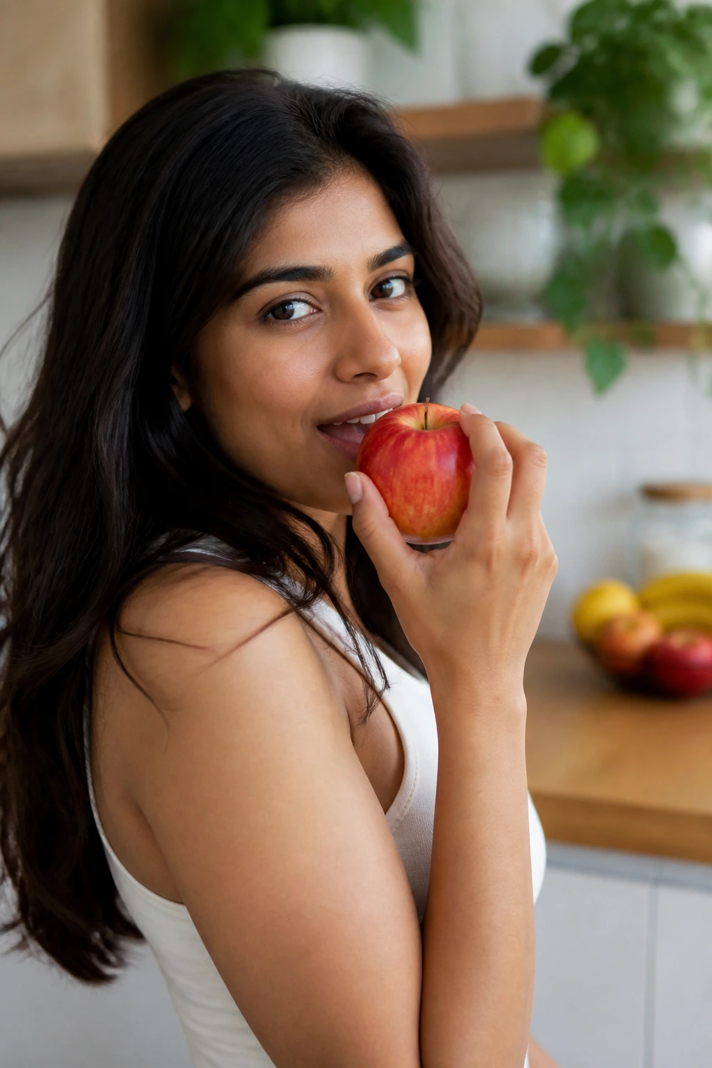 Real person close-up holding an apple in a cozy kitchen