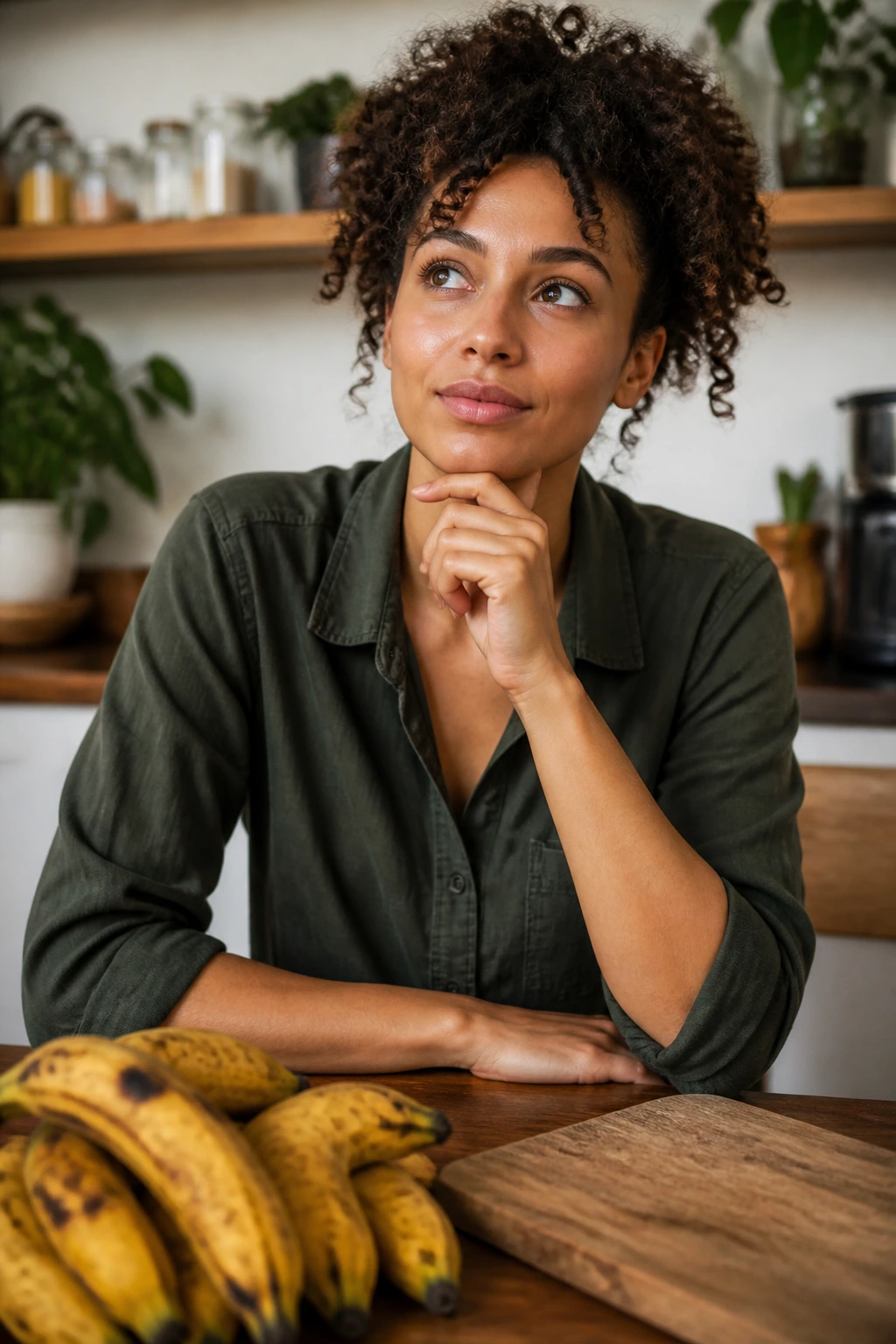 Portrait of a real person in a kitchen considering common questions about overripe plantains
