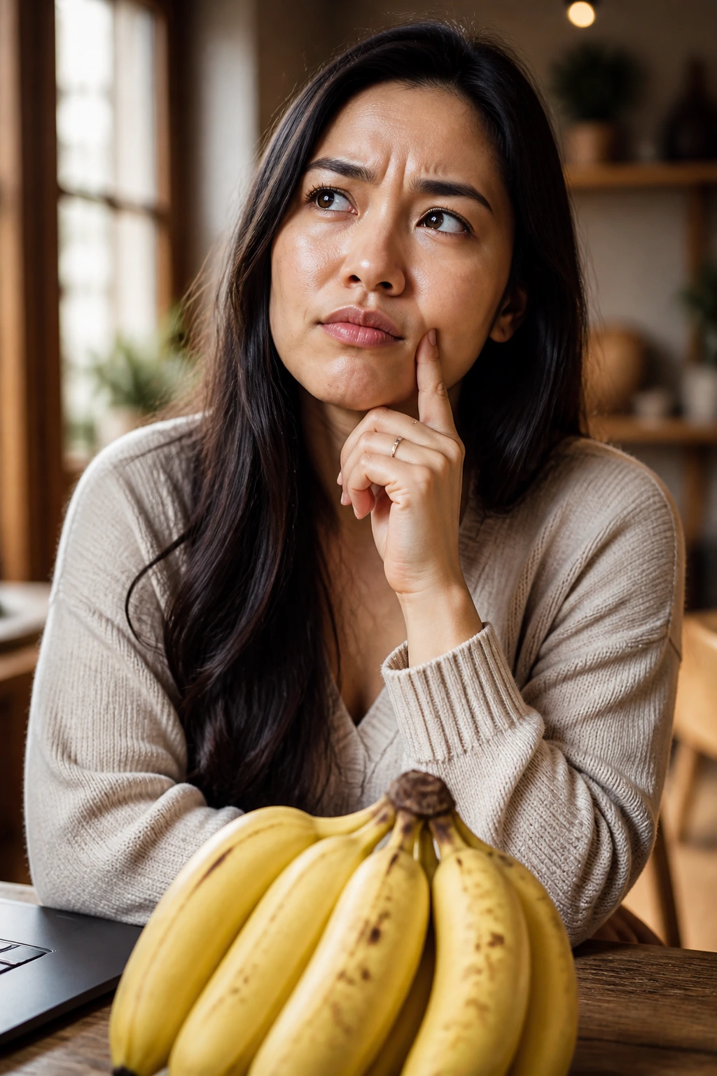 Portrait of a real person with a curious expression, indoor home setting