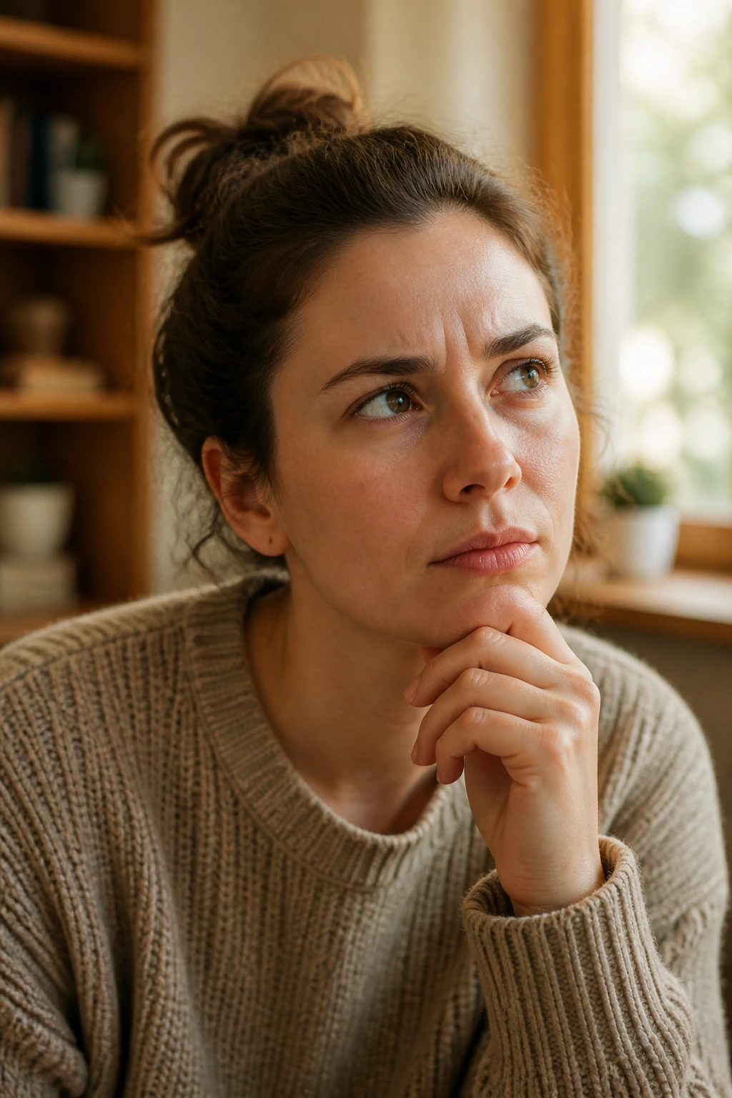 Portrait of a person in a thoughtful pose near a window.