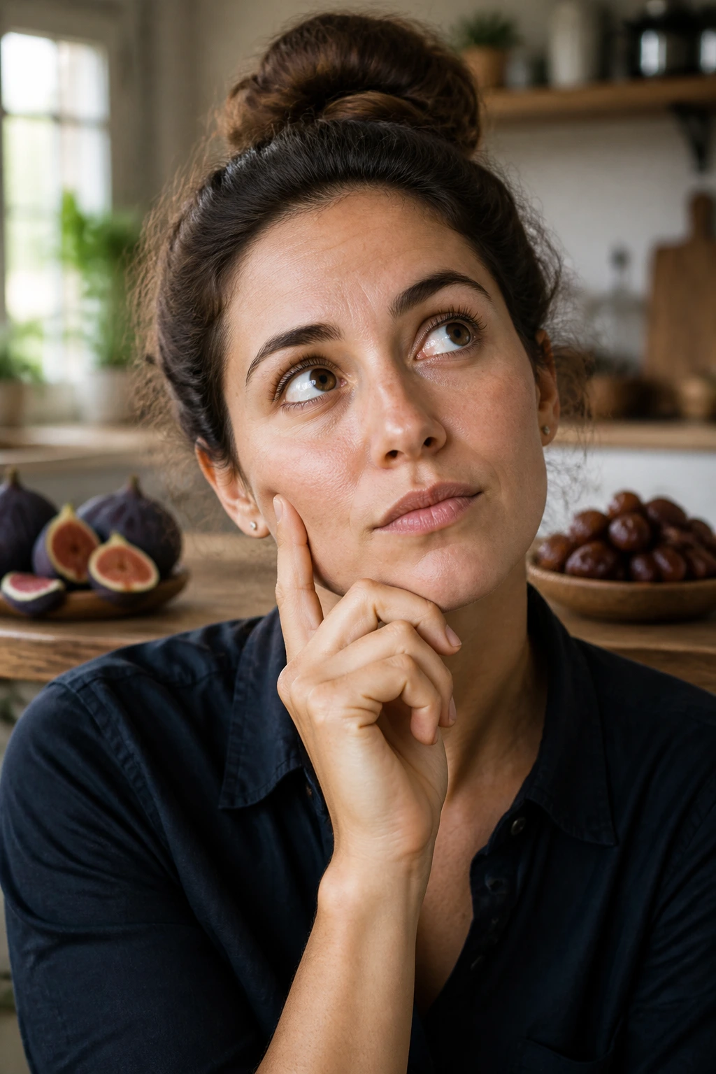 Figs vs Dates - Differences, Health Benefits and More 12 Portrait of a thoughtful person in a kitchen with figs and dates in the background