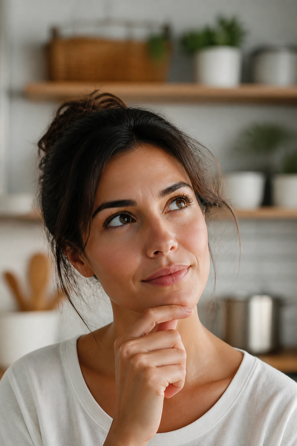 Thoughtful person representing FAQs in a bright kitchen