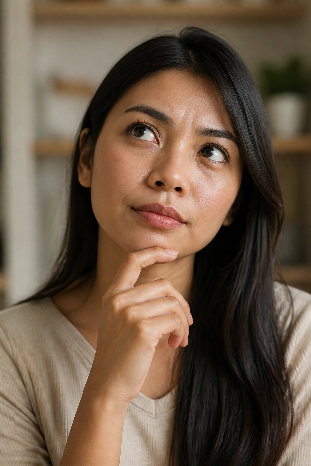 Close-up portrait of a real person in a kitchen for FAQ