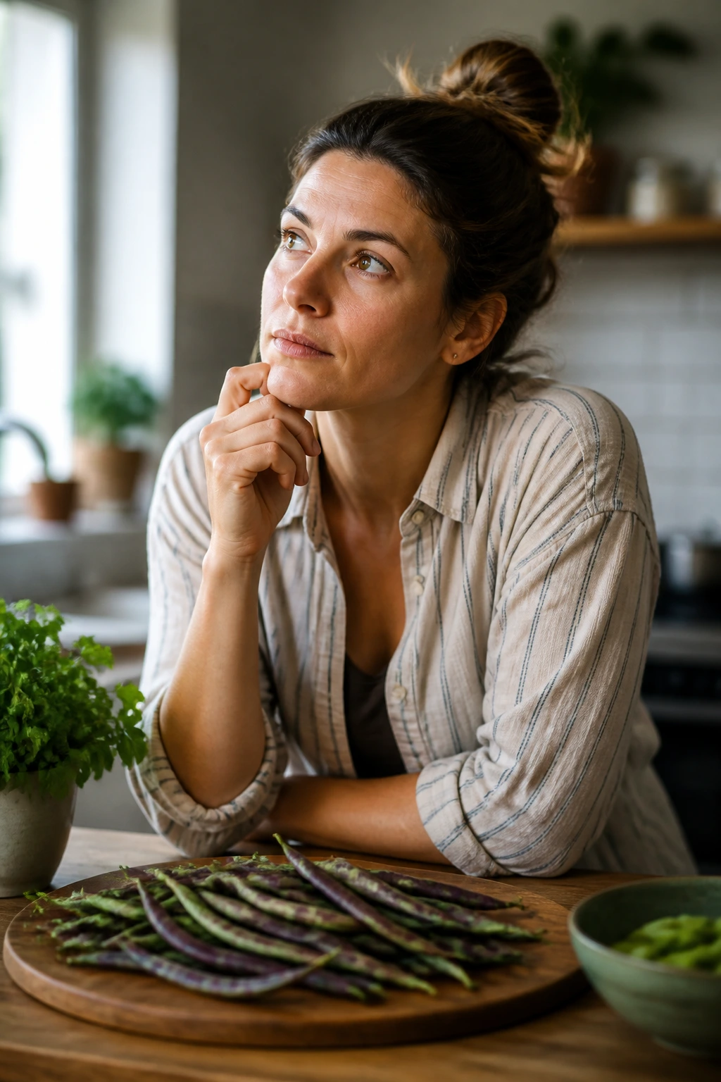 Portrait of a real person in a kitchen with a thoughtful expression.
