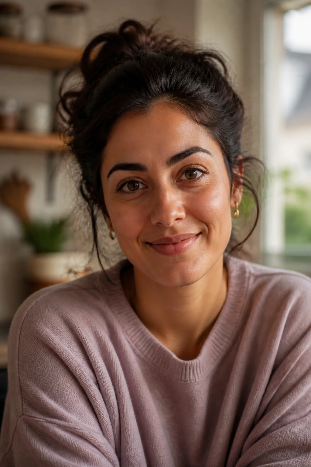 Portrait of a curious real person in a home kitchen