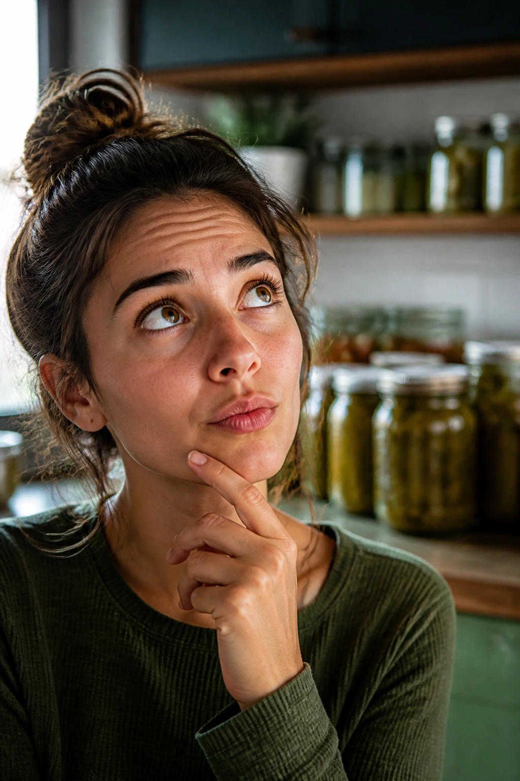 Portrait of a curious person in a kitchen with pickle jars in background