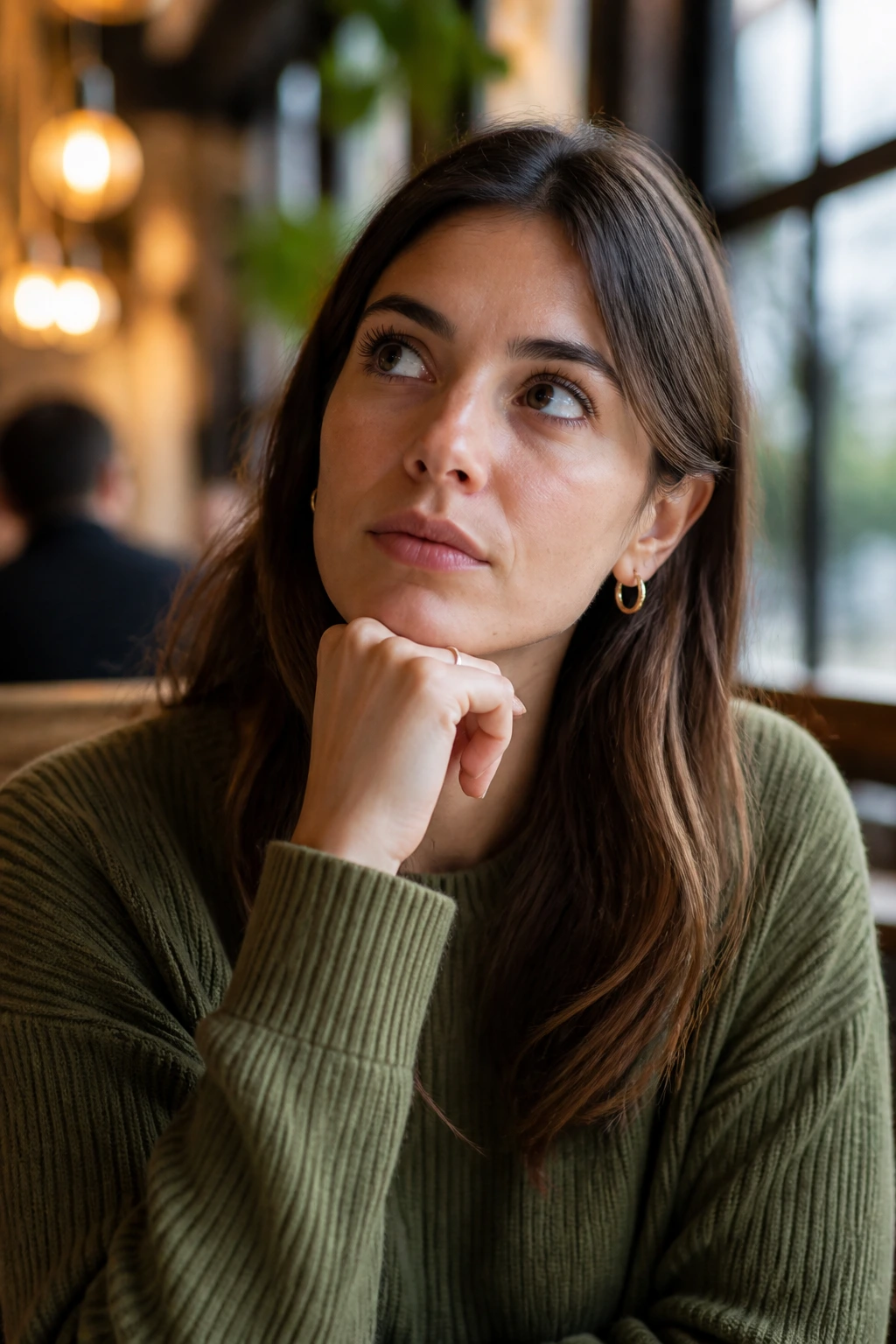 Thoughtful person in cafe representing questions about protein in fruits
