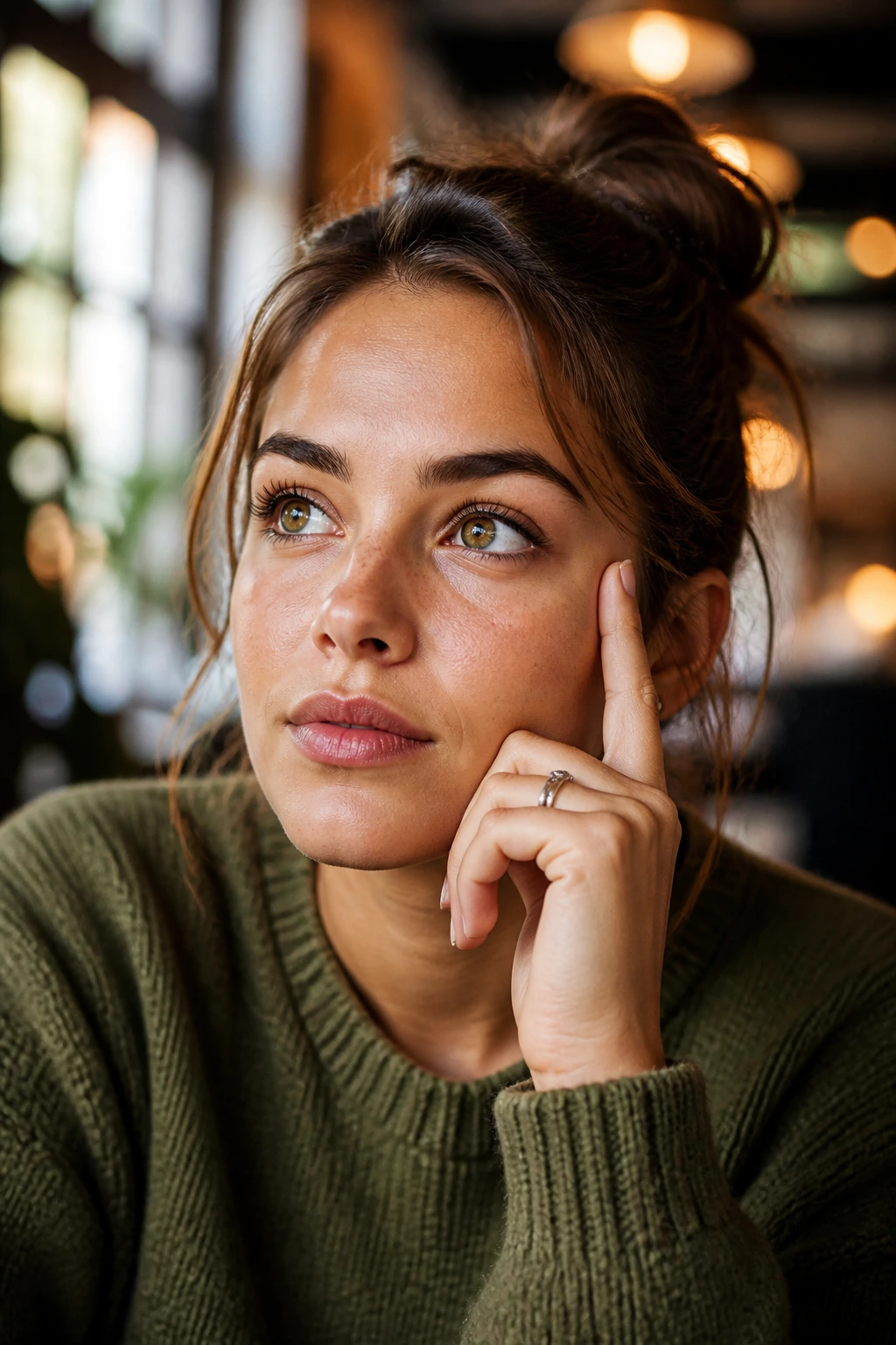 Close-up portrait of a thoughtful person in a cafe setting, representing frequently asked questions