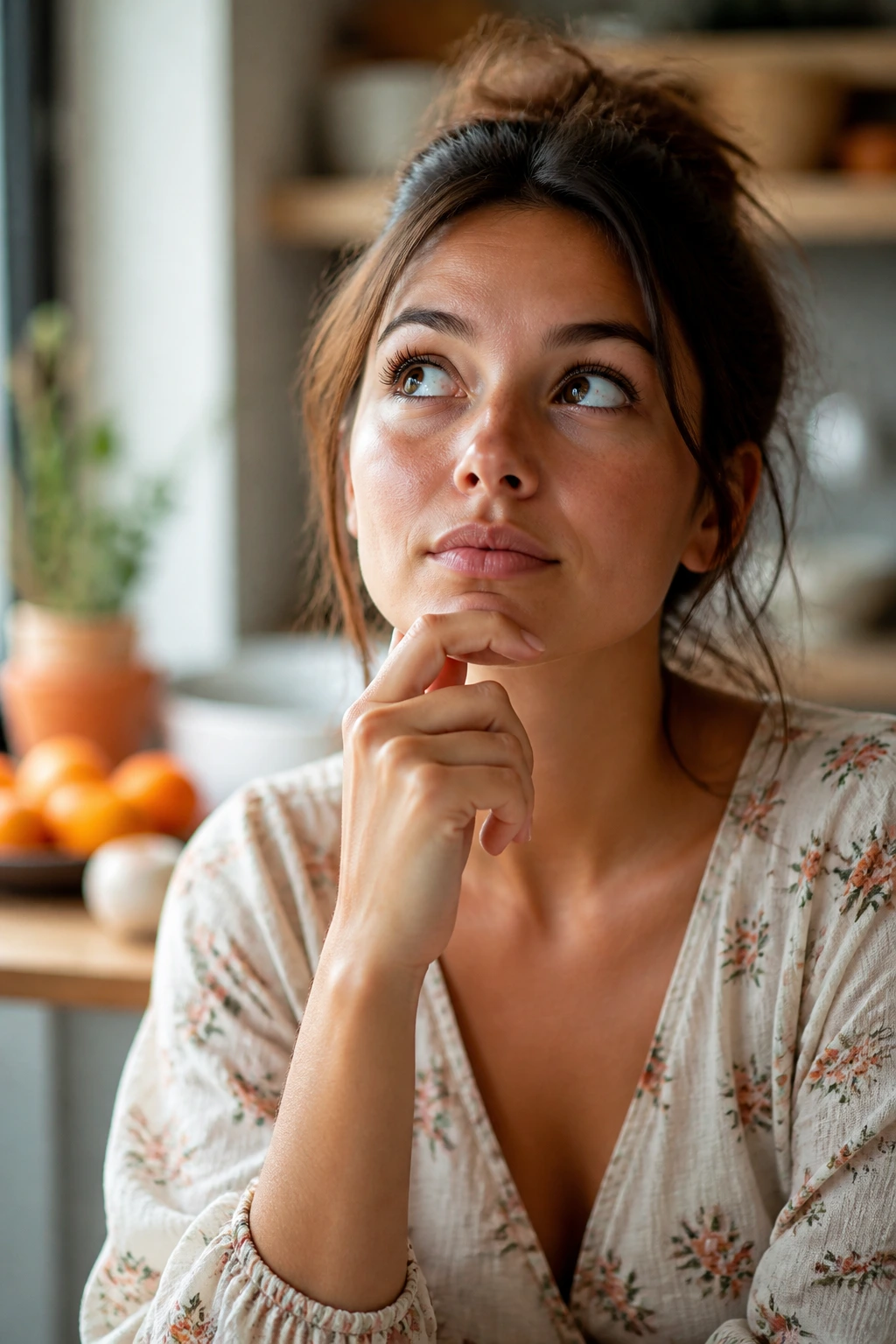 Portrait of a real person in a cozy kitchen looking thoughtful