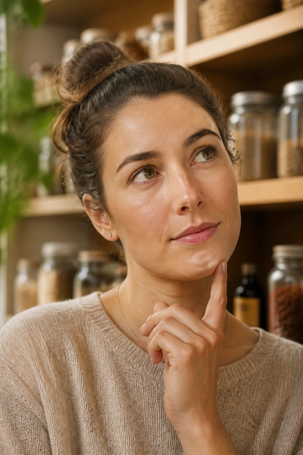 Close-up portrait of a real person with a thoughtful expression in a warm home setting