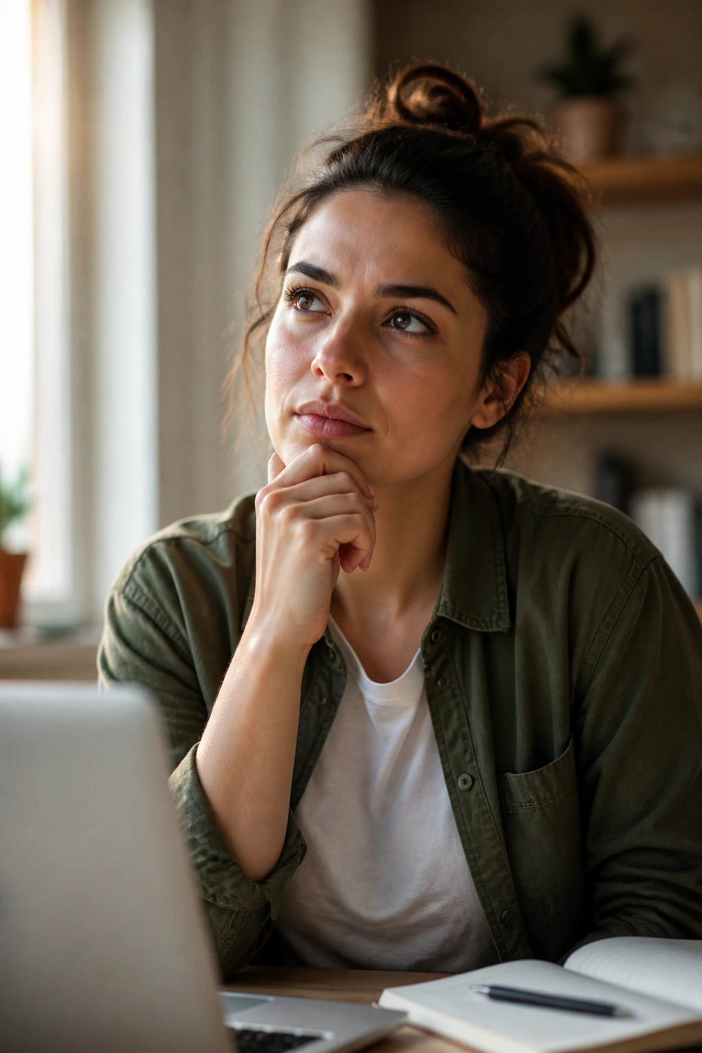 Portrait of a thoughtful person in a quiet study contemplating questions