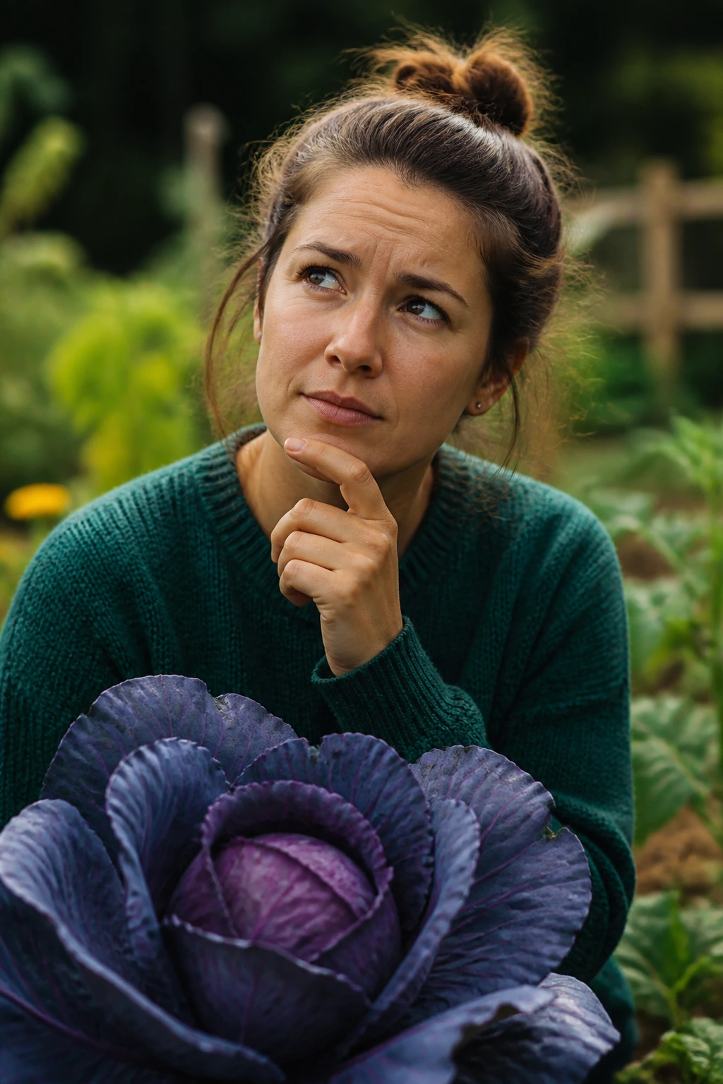 Portrait of a person in a garden contemplating red cabbage questions