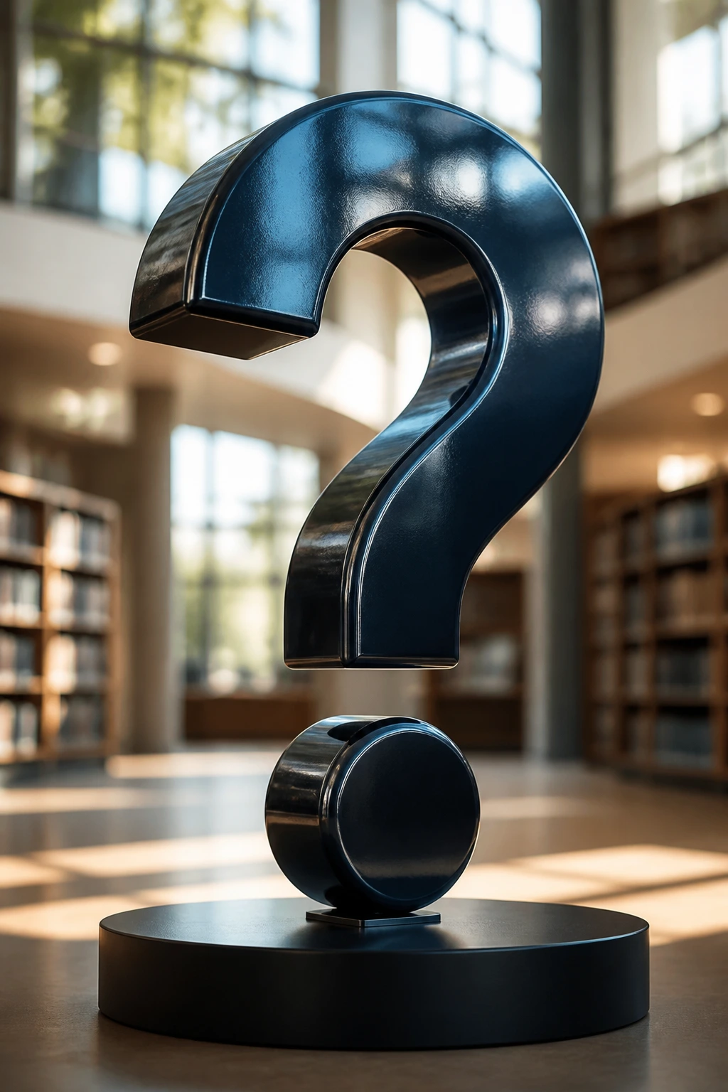 Close-up of a large question-mark sculpture in a library, symbolizing FAQs