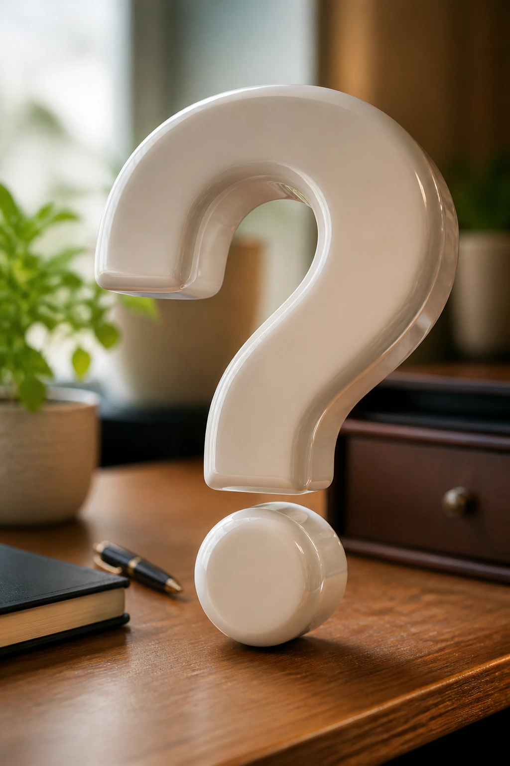 Close-up of a large glossy question-mark sculpture in a warm office setting