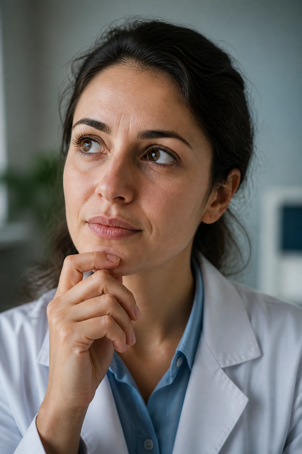 Close-up thoughtful adult in clinic-like setting