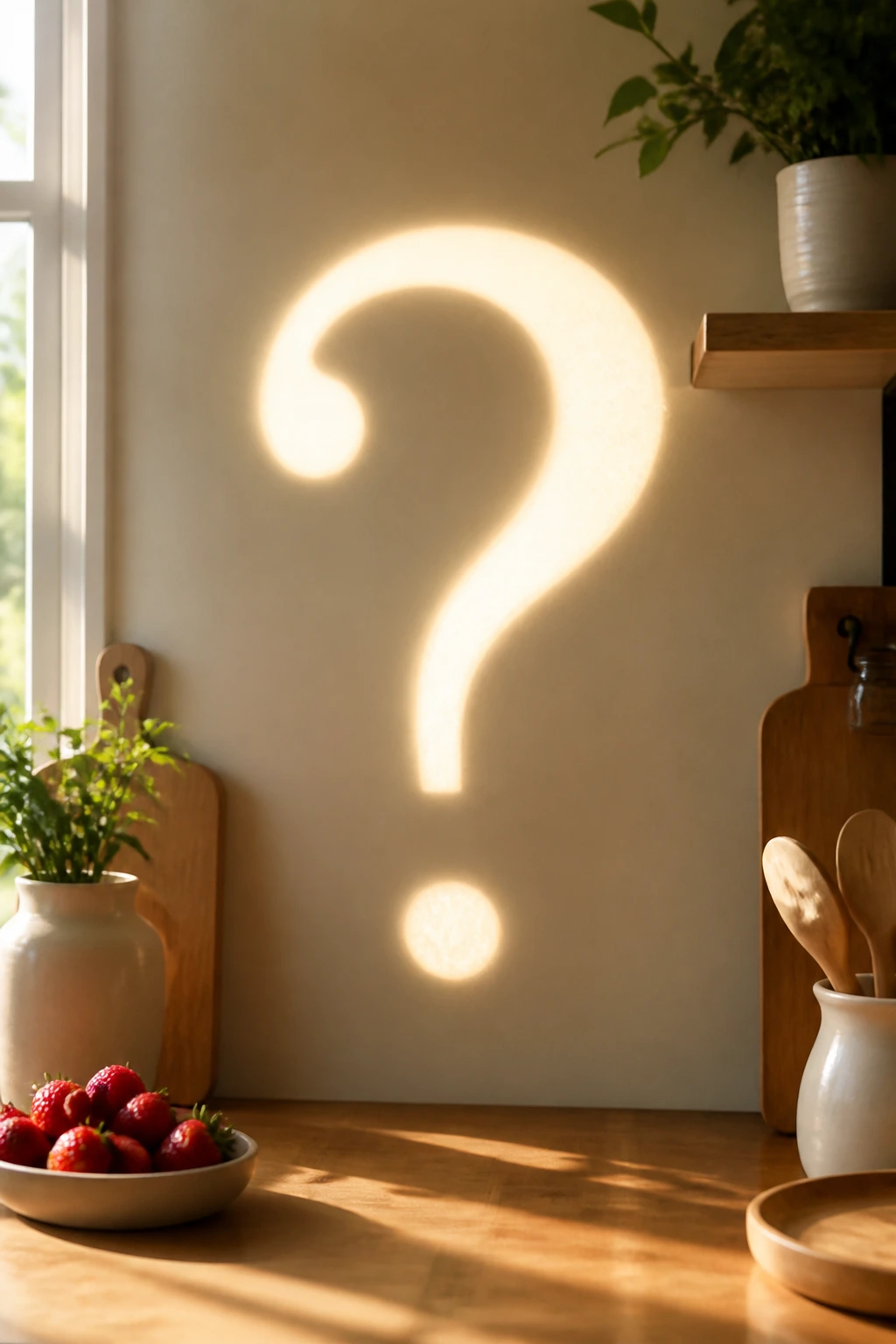 What Are The Benefits of Strawberry for Babies? & The Risk? 10 Close-up of a glowing question-mark light on a kitchen wall, symbolizing FAQs about babies and strawberries (no text in image)