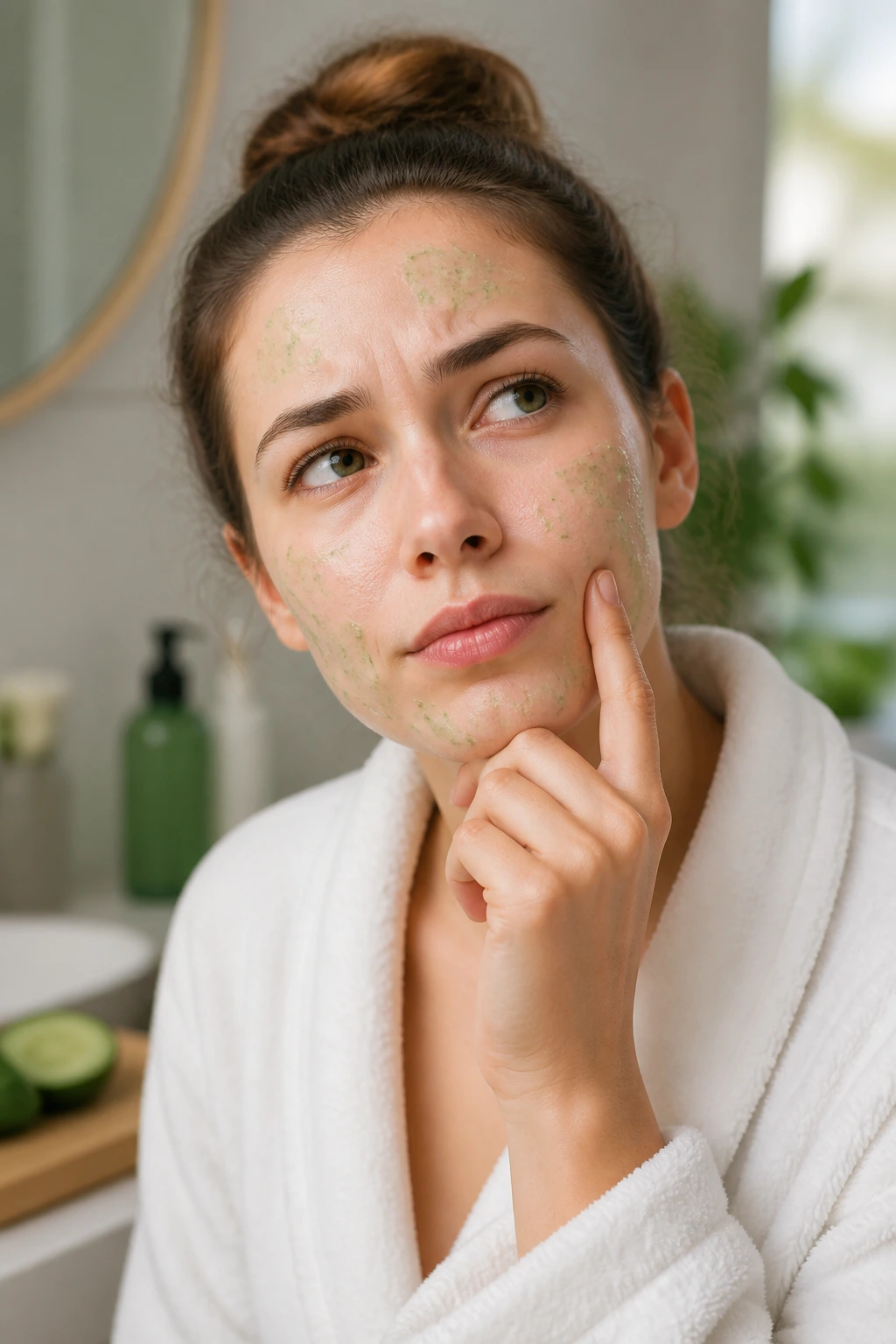 Banishing Breakouts: Are Cucumbers Good For Acne? 8 Close-up portrait of a real person with a thoughtful expression in a cozy bathroom