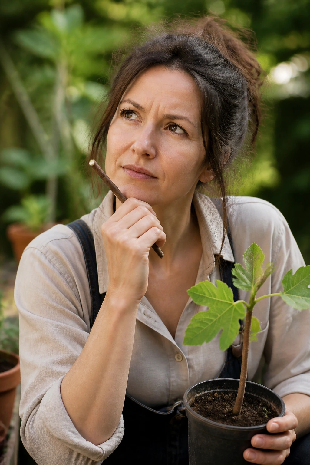 Close-up portrait of a real person in a garden, thoughtful expression about fig tree cuttings