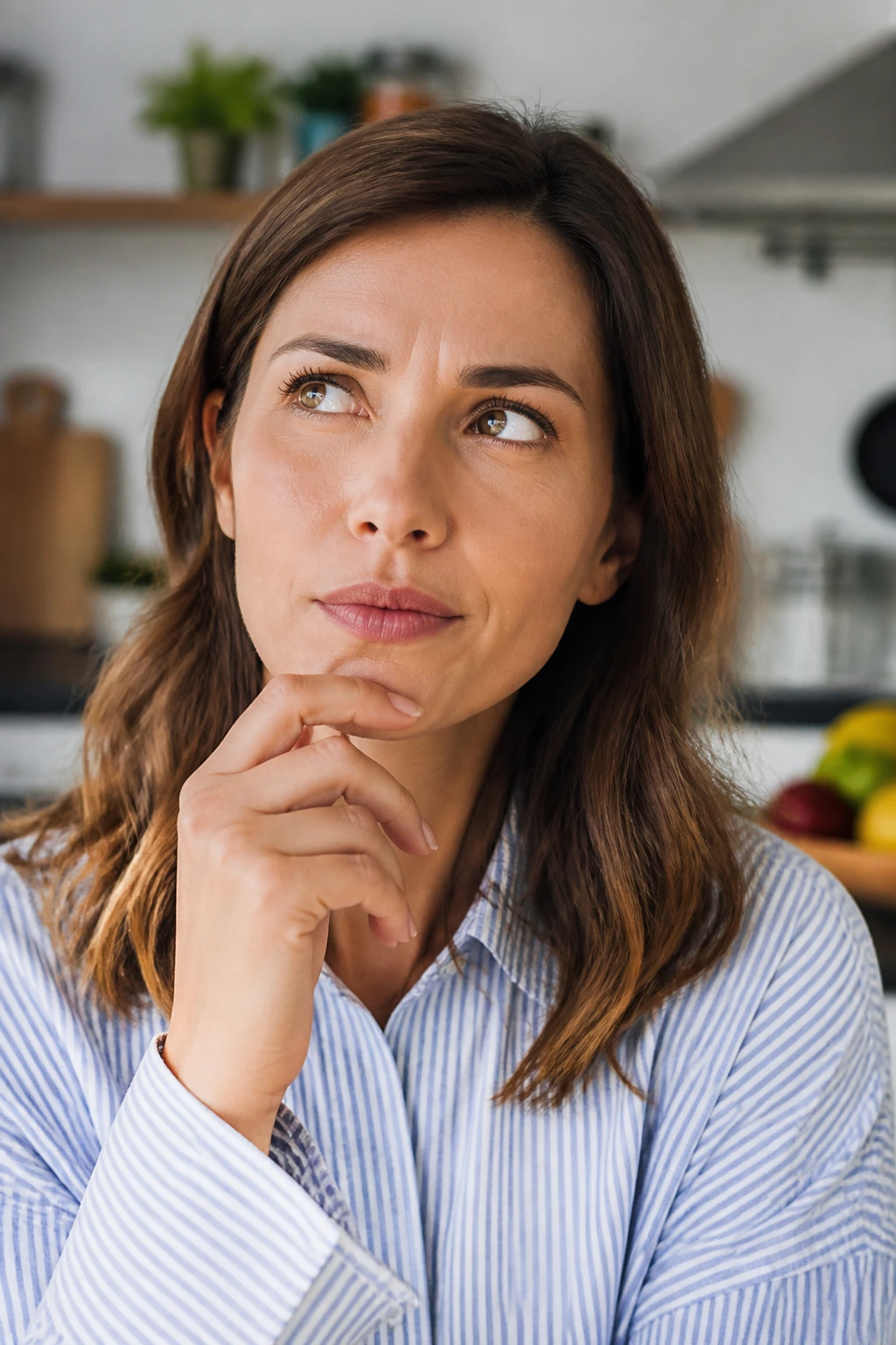 Portrait of a thoughtful person in a bright kitchen