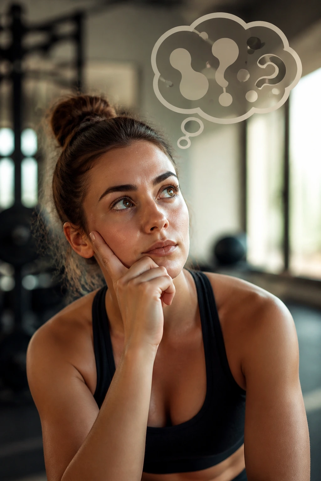 Is It Good To Eat Fruit Before & After A Workout? 7 Portrait of a real person in a gym, thoughtful expression, suggesting questions about fruit timing around workouts