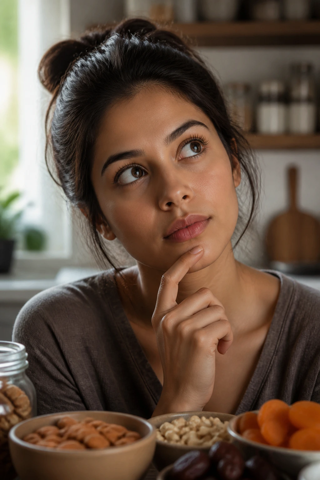 Discover the Best Dry Fruits for Weight Gain: Top 12 Choices 11 Close-up portrait of a real person thinking in a cozy kitchen, illustrating FAQs about weight gain with dry fruits