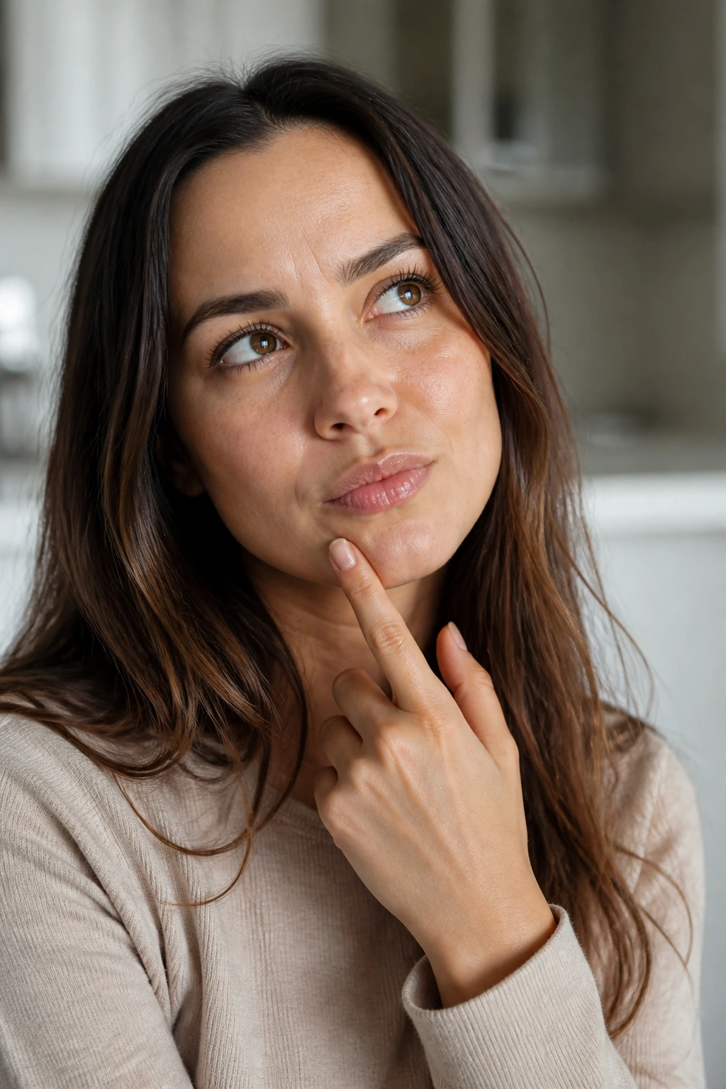 Close-up portrait of a real person in a kitchen, thoughtful expression