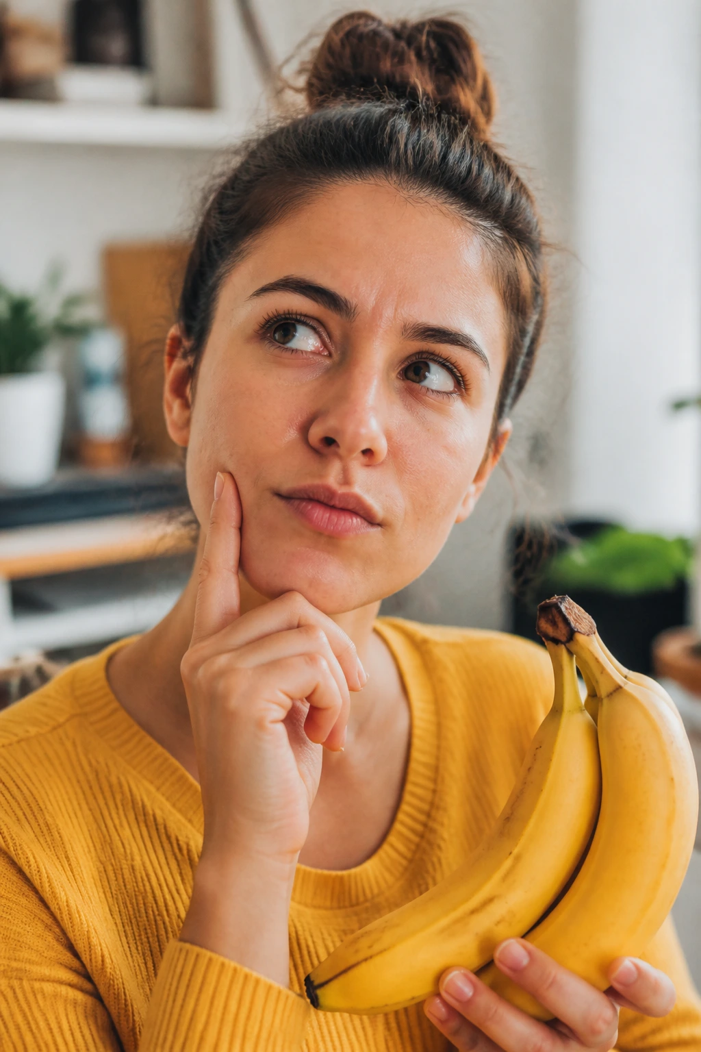 Close-up portrait of a curious person in a home setting